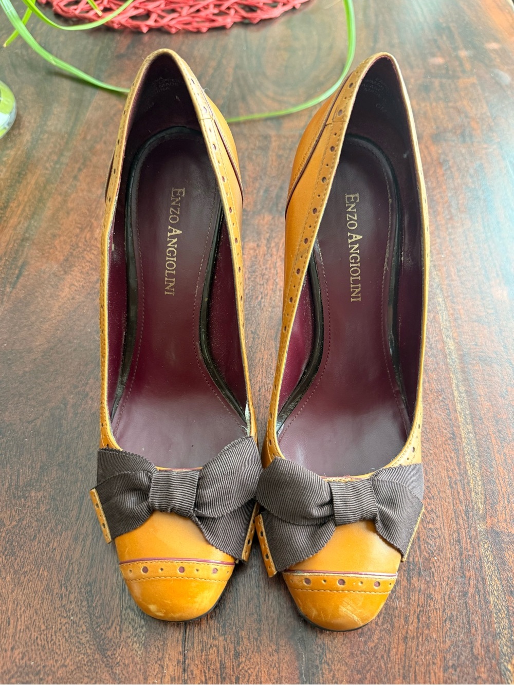 Enzo Angiolini Yellow Leather Bow Pumps with Brown Bow